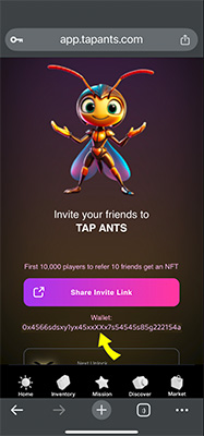 Invite screen showing connected wallet address