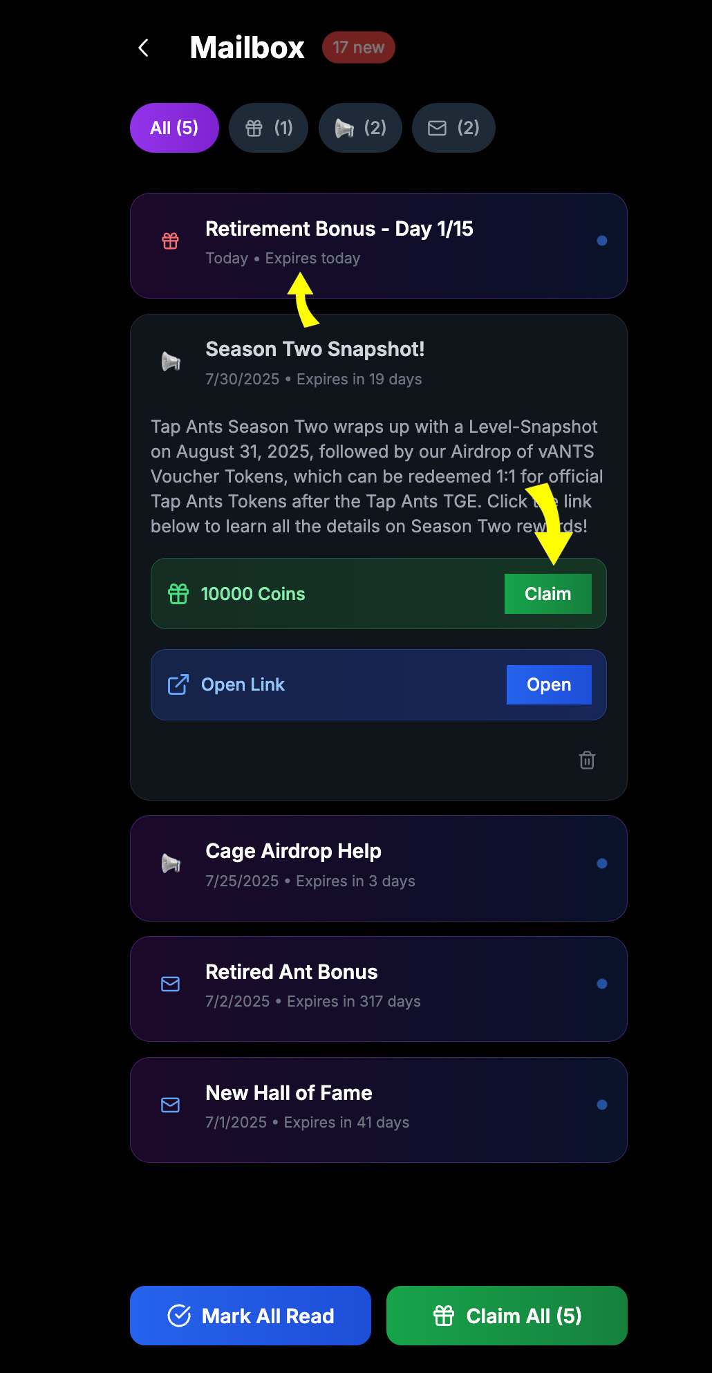Step 2: Check Mail - Mailbox interface with claimable rewards