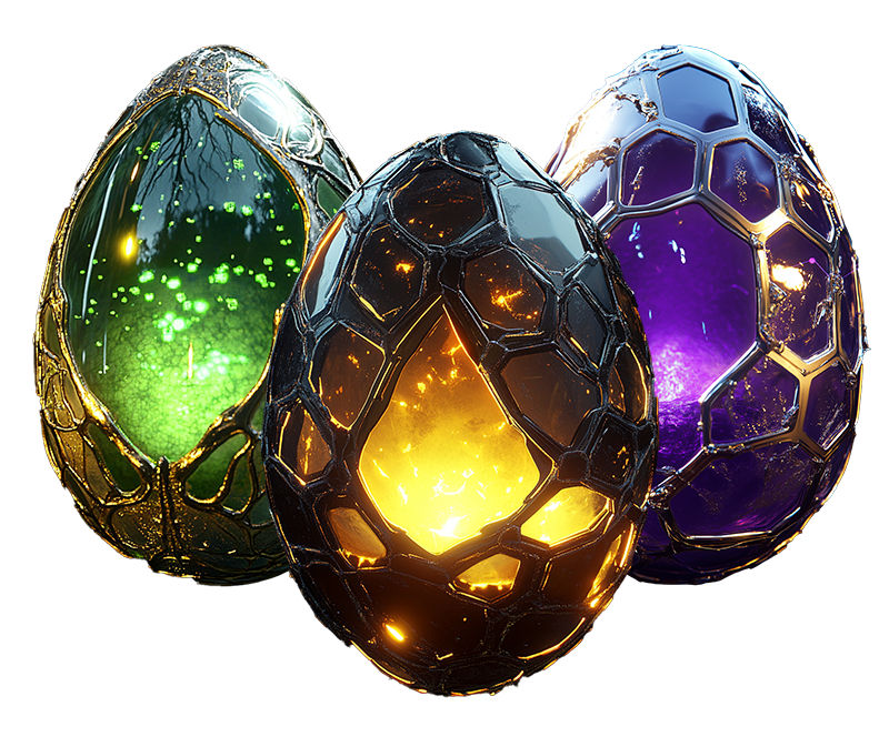 Glowing partner eggs in green, amber, and purple