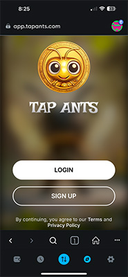 Tap Ants login screen