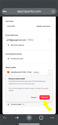Wallet connection screen with arrow pointing to Remove button