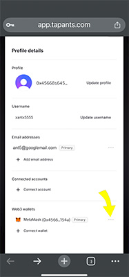 Profile details screen with arrow pointing to 3 dots menu
