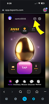 Tap Ants app with arrow pointing to the wallet icon