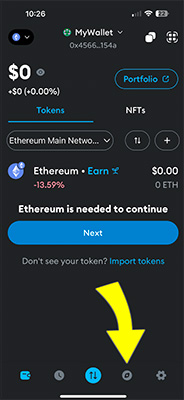 MetaMask browser feature with yellow arrow pointing to browser icon