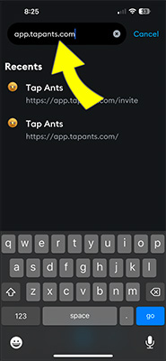 Browser address bar with Tap Ants URLs