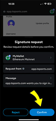 Signature request screen with arrow pointing to Confirm button